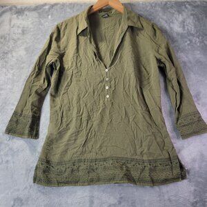 Eddie Bauer Womens M Green Cotton 3/4‎ Sleeve Boho Casual Relaxed Fit Tunic Top
